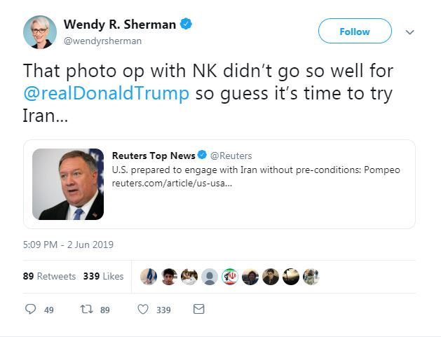 واکنش شرمن به پیشنهاد پامپئو برای مذاکره «بدون پیششرط» با ایران واکنش شرمن به پیشنهاد پامپئو برای مذاکره «بدون پیششرط» با ایران